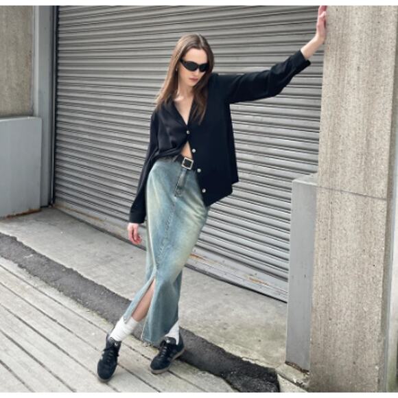 OAK + FORT Oversized Blouse Long Sleeve Button Up Shirt Top Shacket Black - Picture 14 of 14